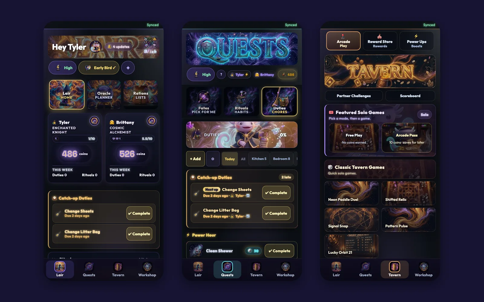 Three Adultish screens: a dark painted home screen with two players' coins, a Quests board and a Tavern of mini-games