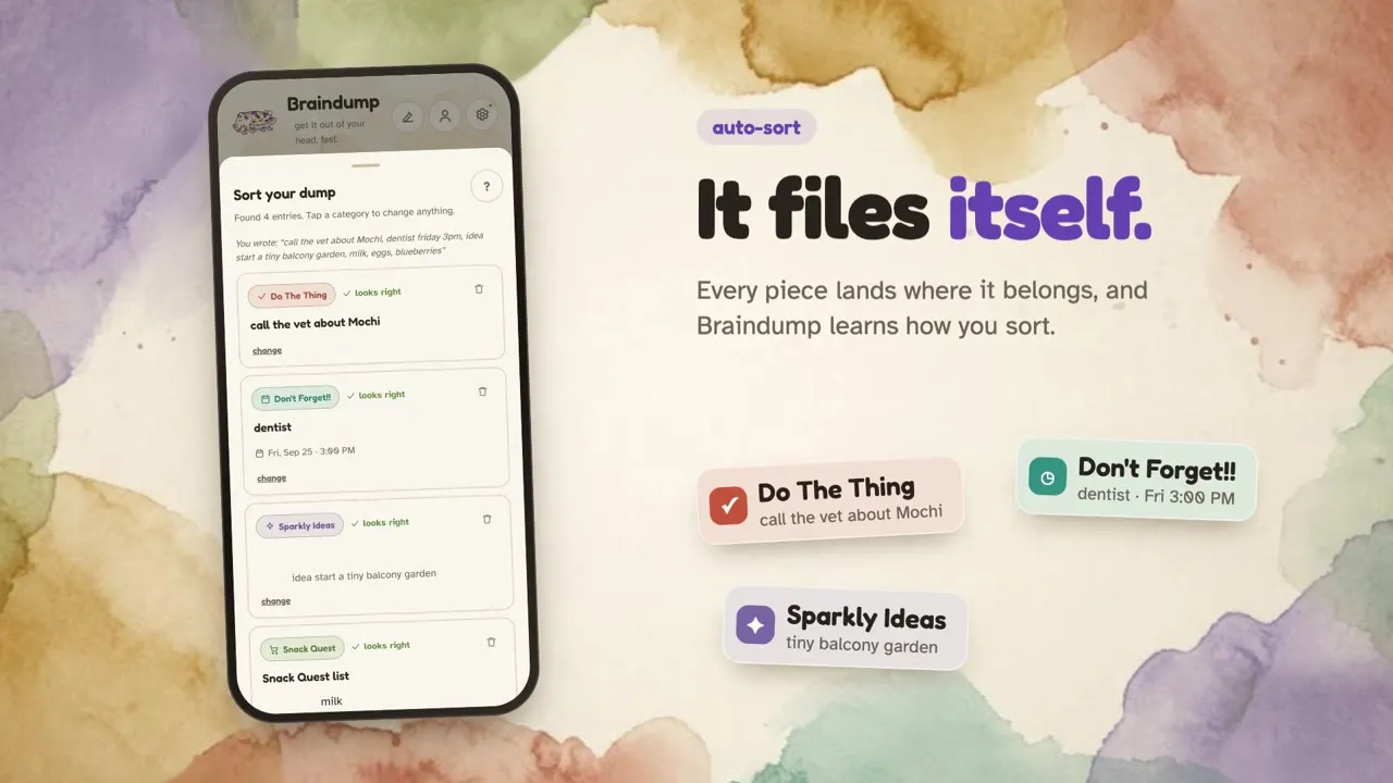 Braindump on a phone, sorting a messy note into tidy categories on a watercolor background