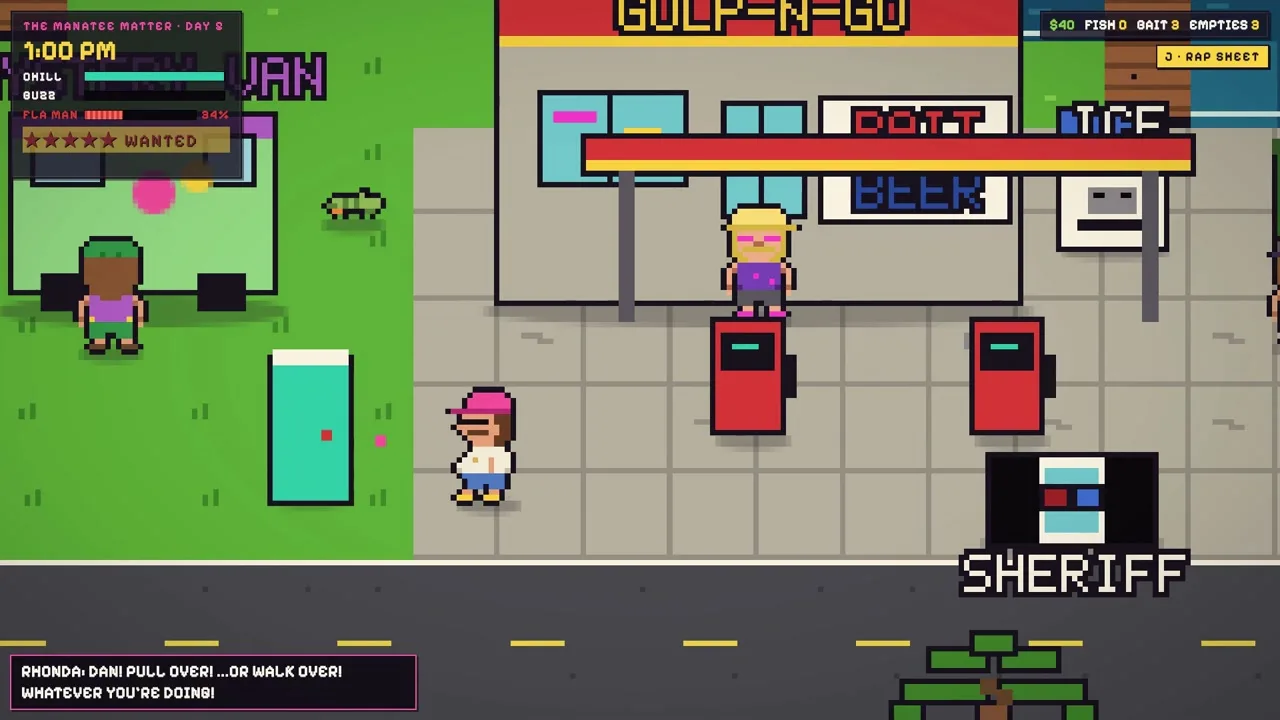 Pixel-art Dan in a pink cap outside the Gulp-N-Go gas station, with the sheriff pulling up