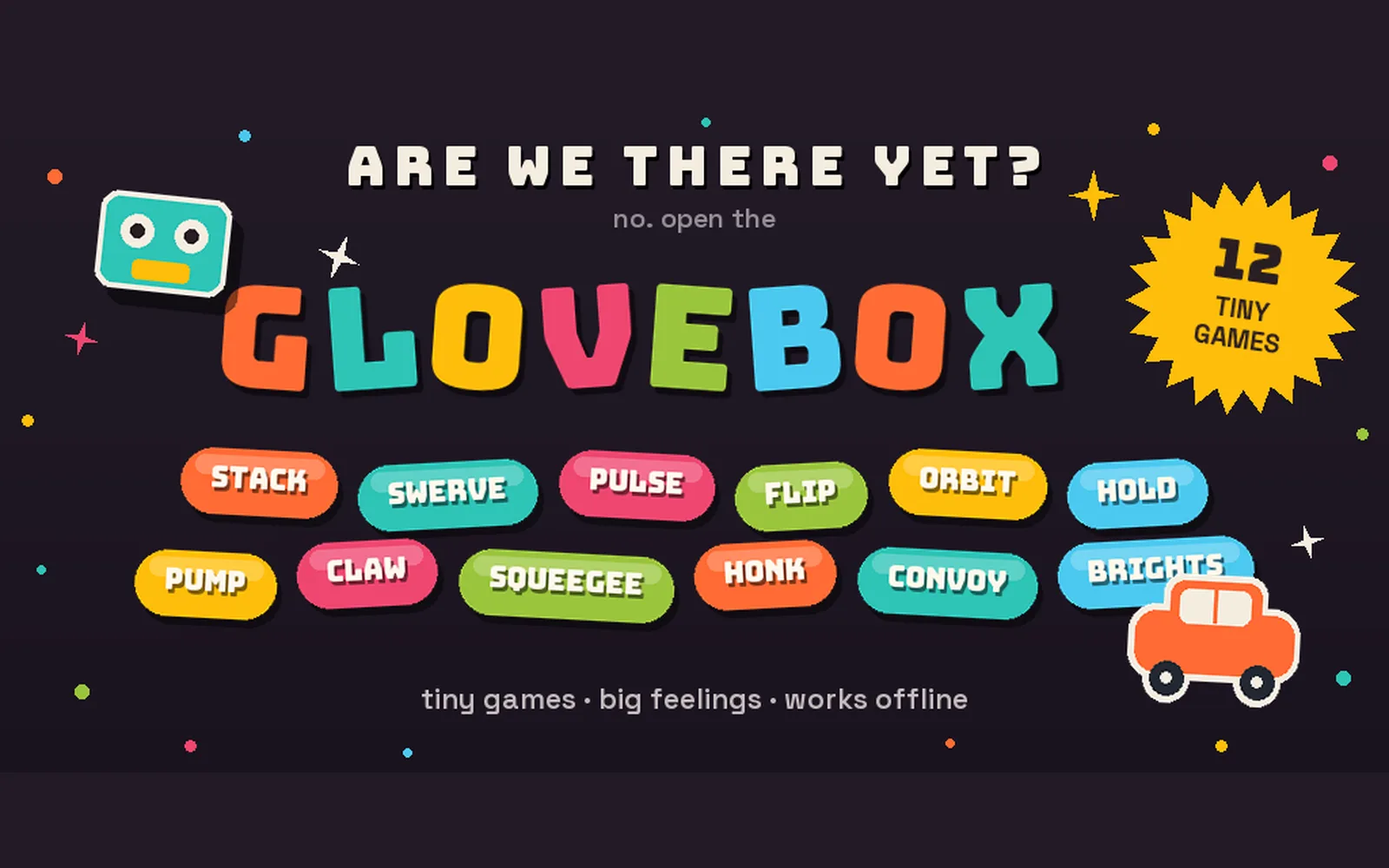 GLOVEBOX title art: 12 tiny games with names like Stack, Swerve, Claw and Convoy