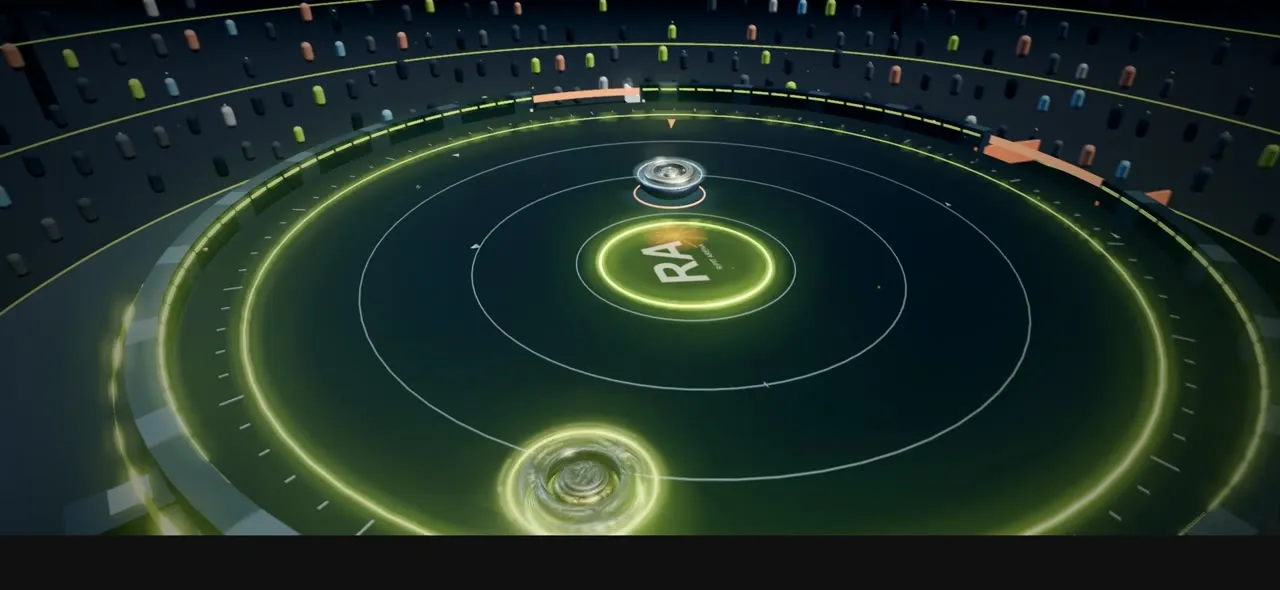 Two spinning tops collide in a floodlit stadium, throwing green sparks