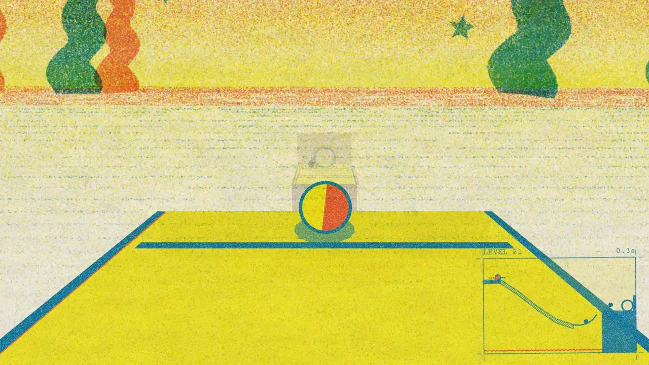 A ball rolls down a drawn track printed in yellow, pink and blue risograph ink