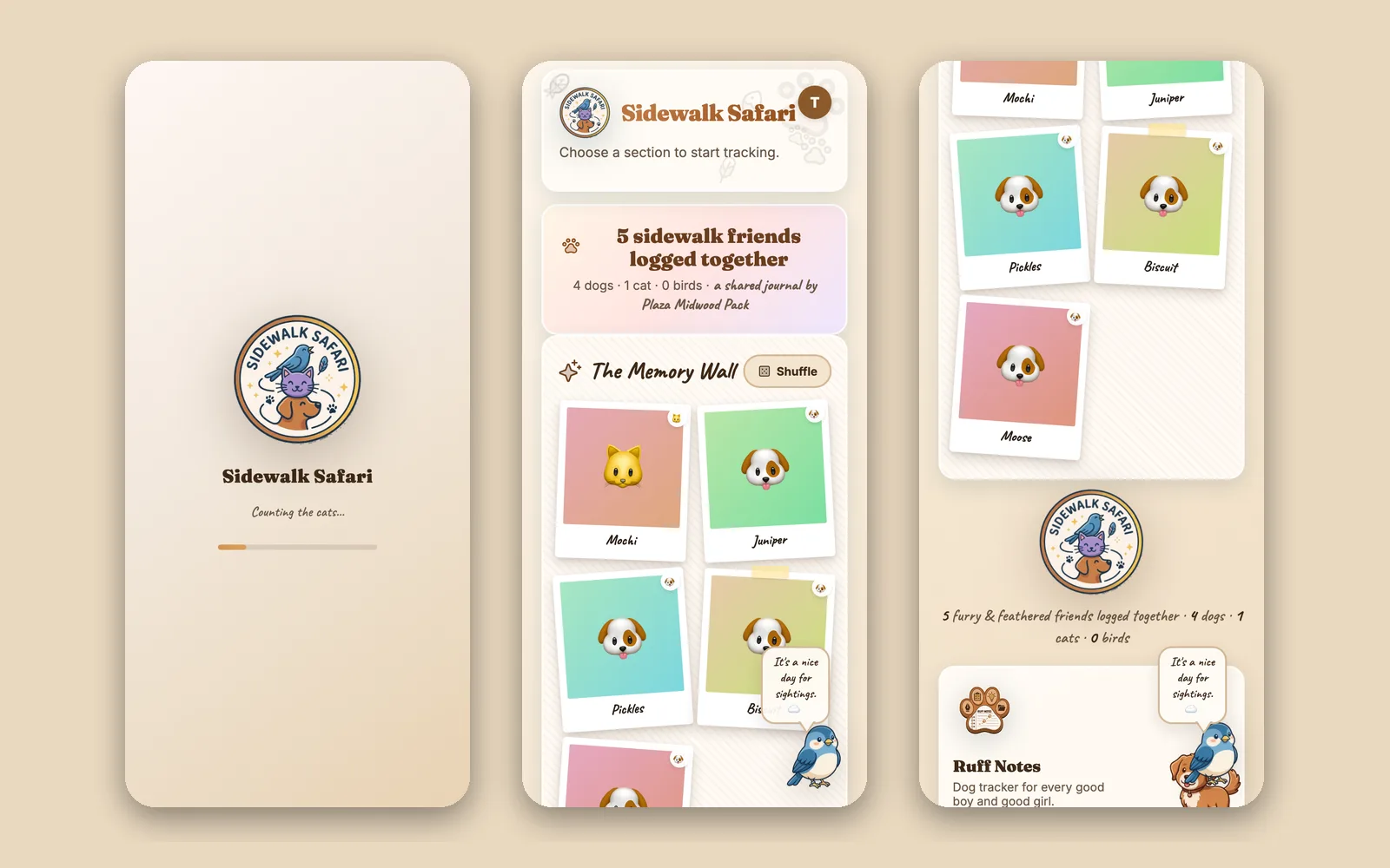 Sidewalk Safari screens: a round badge logo, a polaroid memory wall of dogs and a cat, and a shared journal summary (sample data)