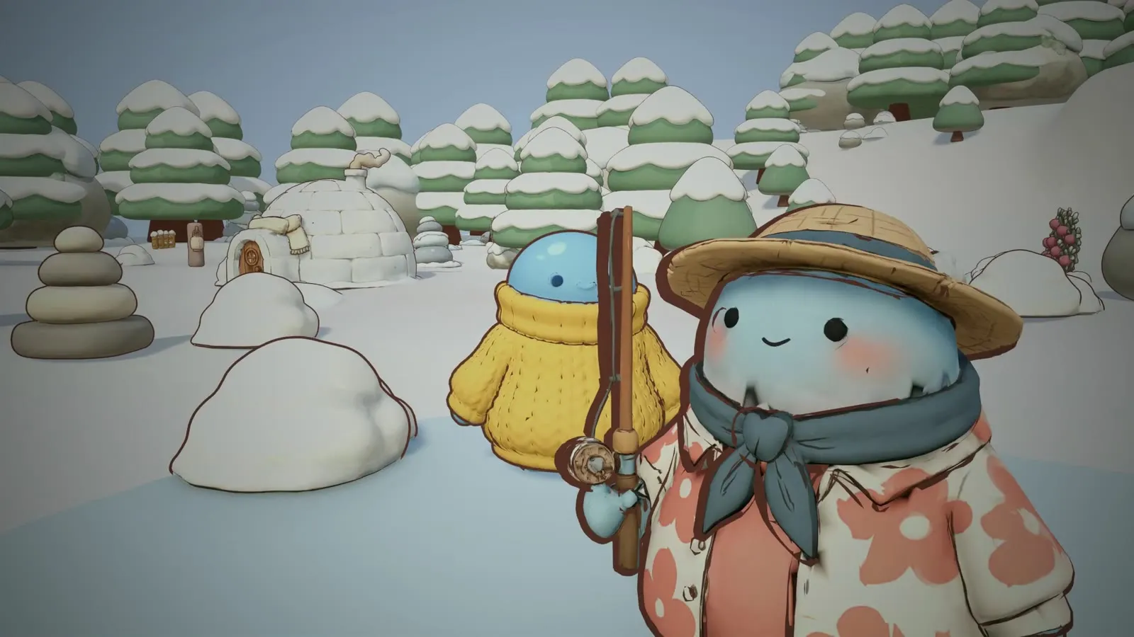 A neighbour in a sun hat and flowered shirt goes ice fishing in the snow biome