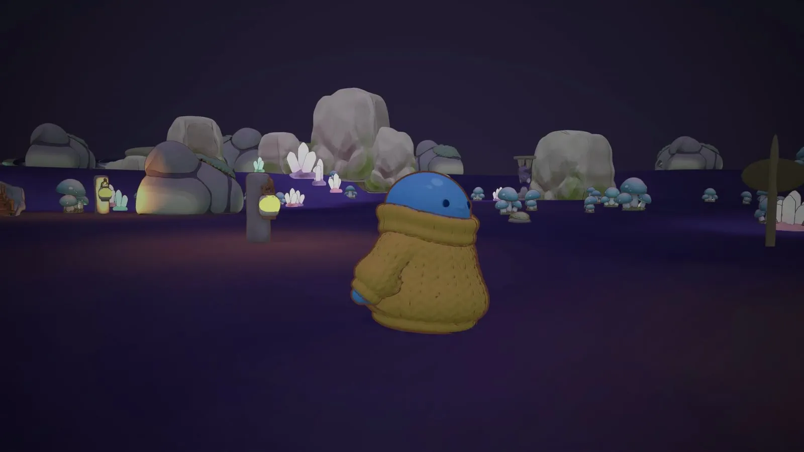 The blob holds a lantern in a dark cave lit by crystals