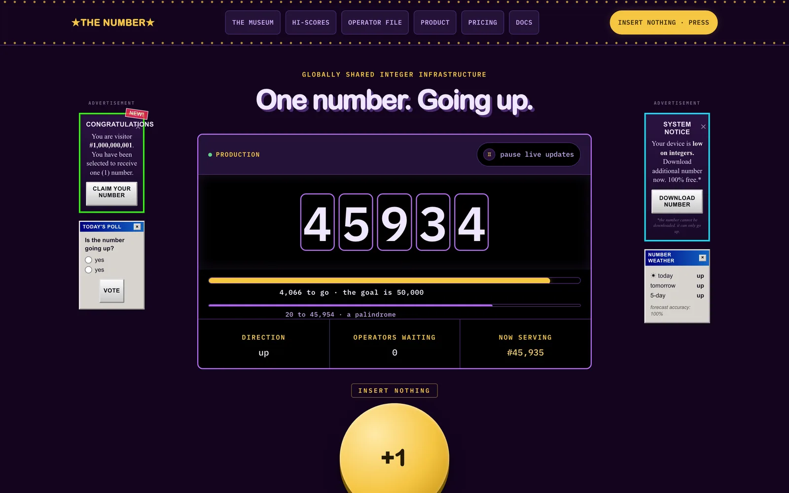 THE NUMBER: a big counter reading 45,934 with a gold plus-one button